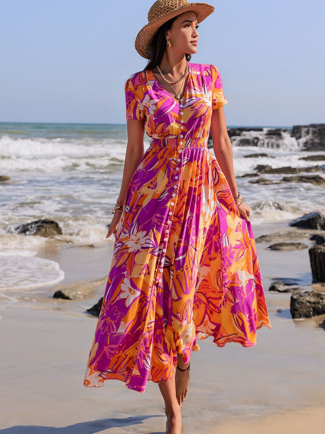 Full Size Printed V-Neck Short Sleeve Midi Dress