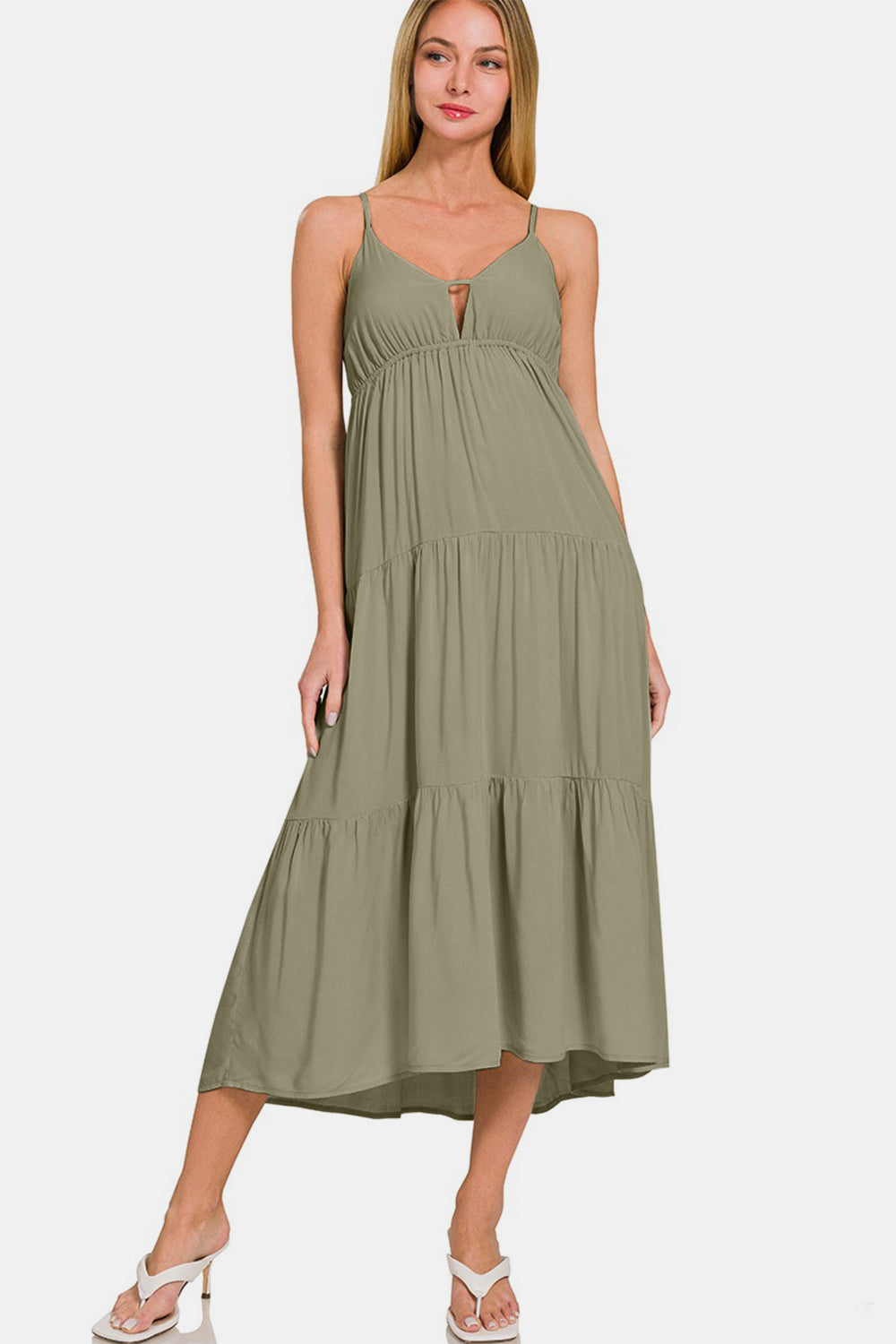 Zenana Woven Olive Green Tiered Cami Midi Dress