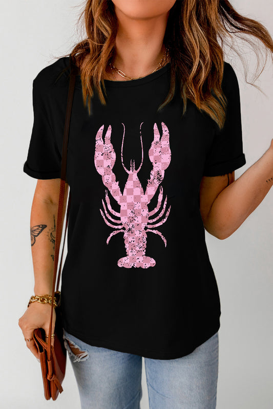Full Size Checkered Lobster Graphic Round Neck Short Sleeve T-Shirt