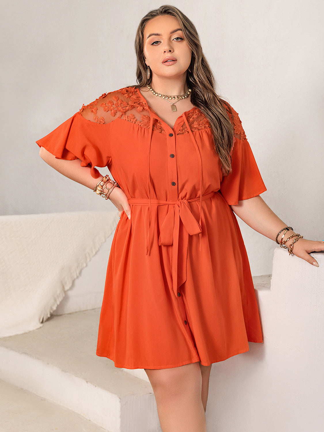 Plus Size Lace Button Up Half Sleeve Orange Dress