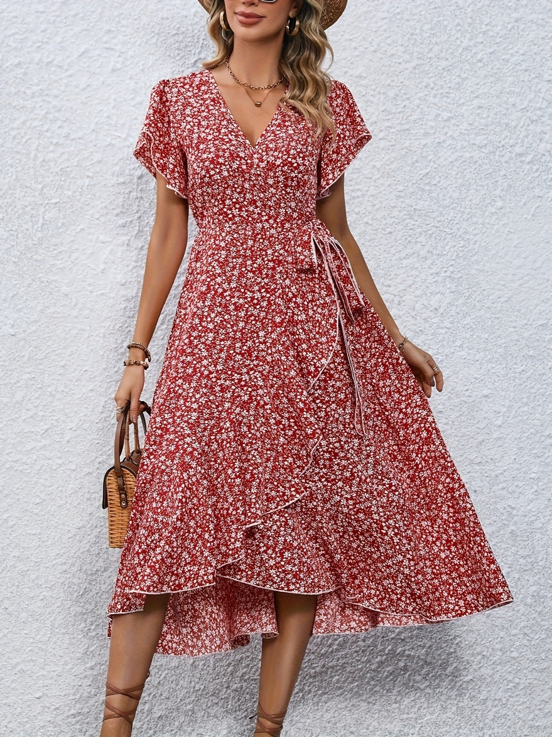 Full Size Printed Surplice Flutter Sleeve Midi Dress