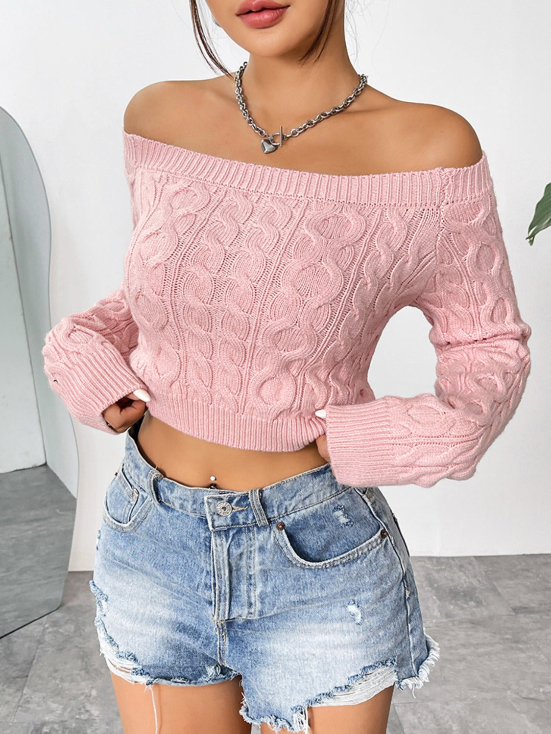Cable-Knit Off-Shoulder Long Sleeve Knit Top