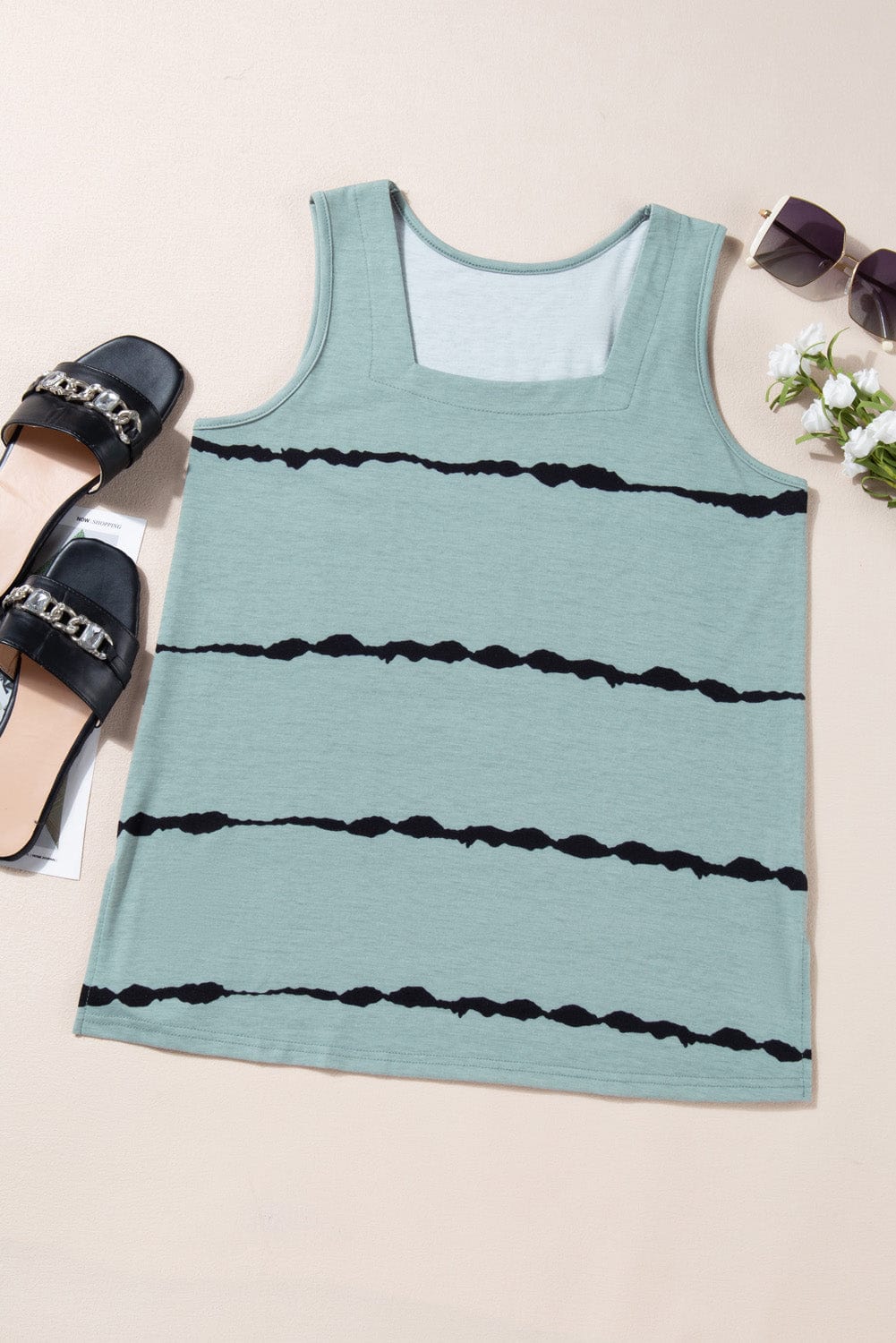 Full Size Striped Square Neck Sage Green Tank