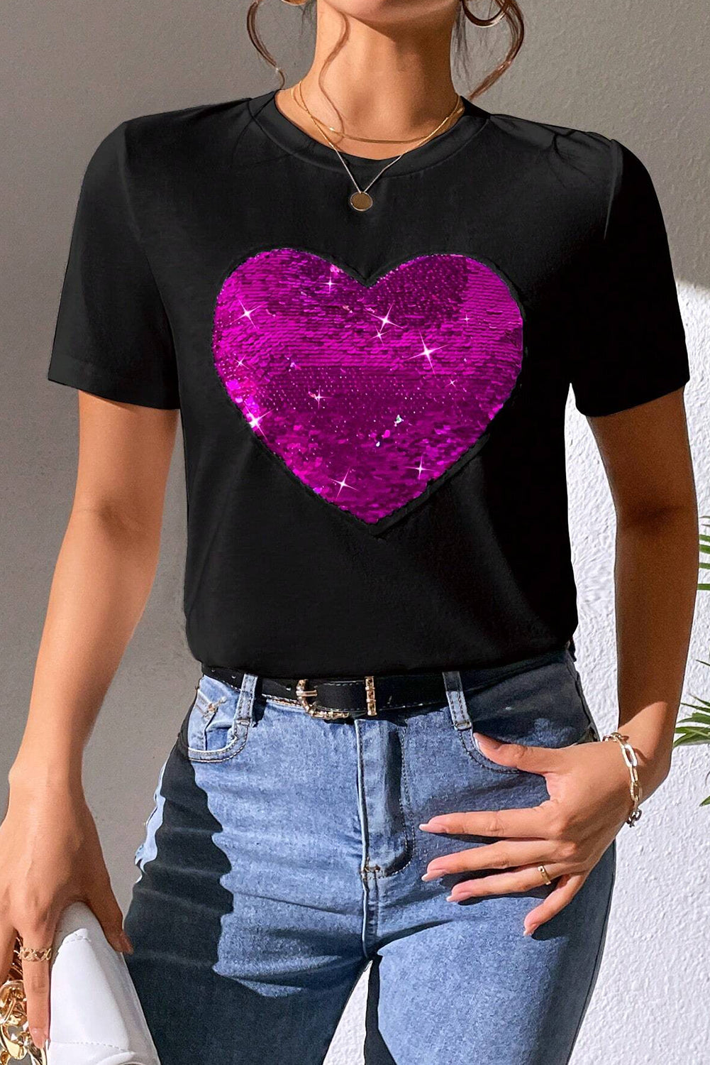 Full Size Heart Sequin Round Neck Short Sleeve T-Shirt