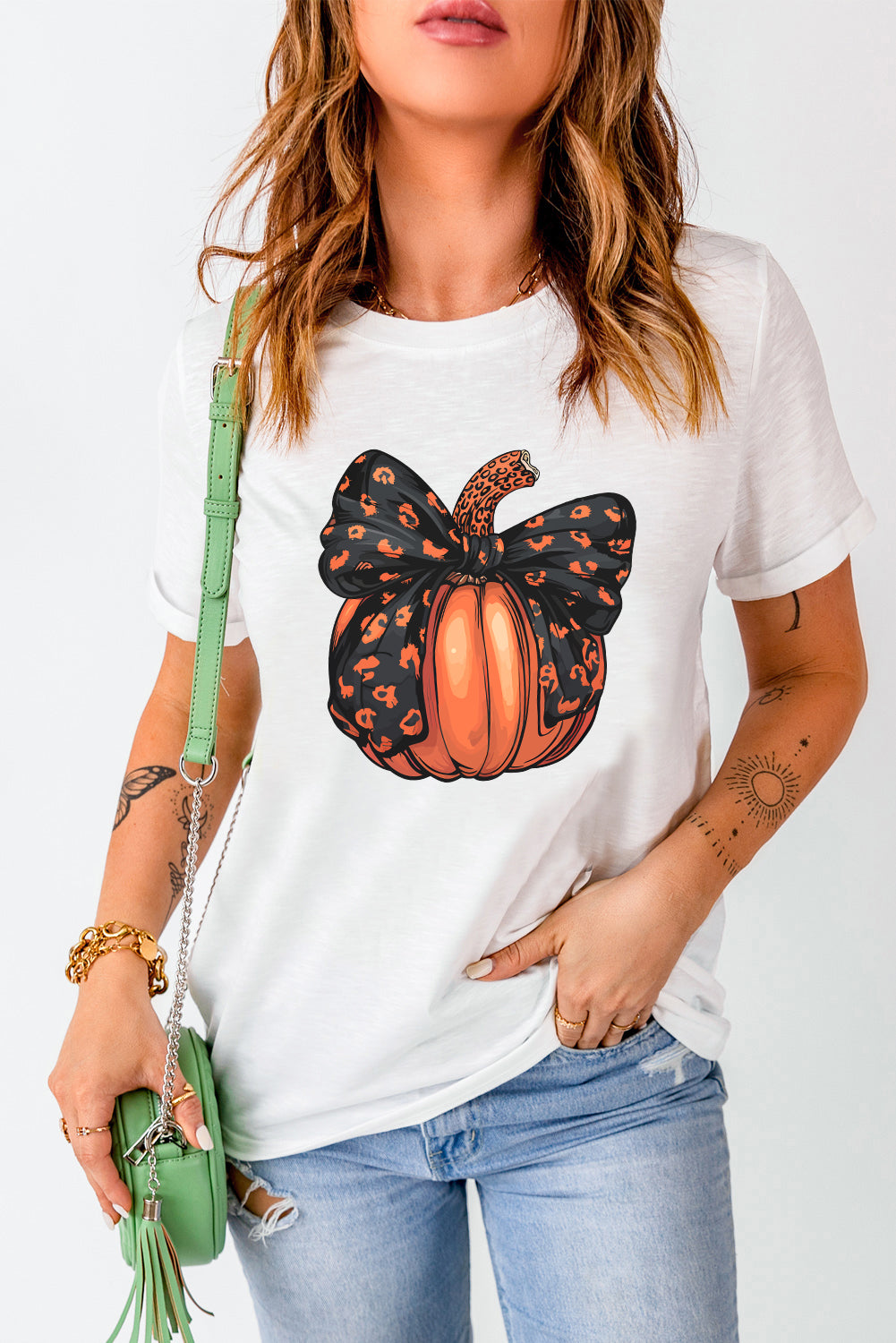 Full Size Pumpkin White Round Neck Short Sleeve T-Shirt