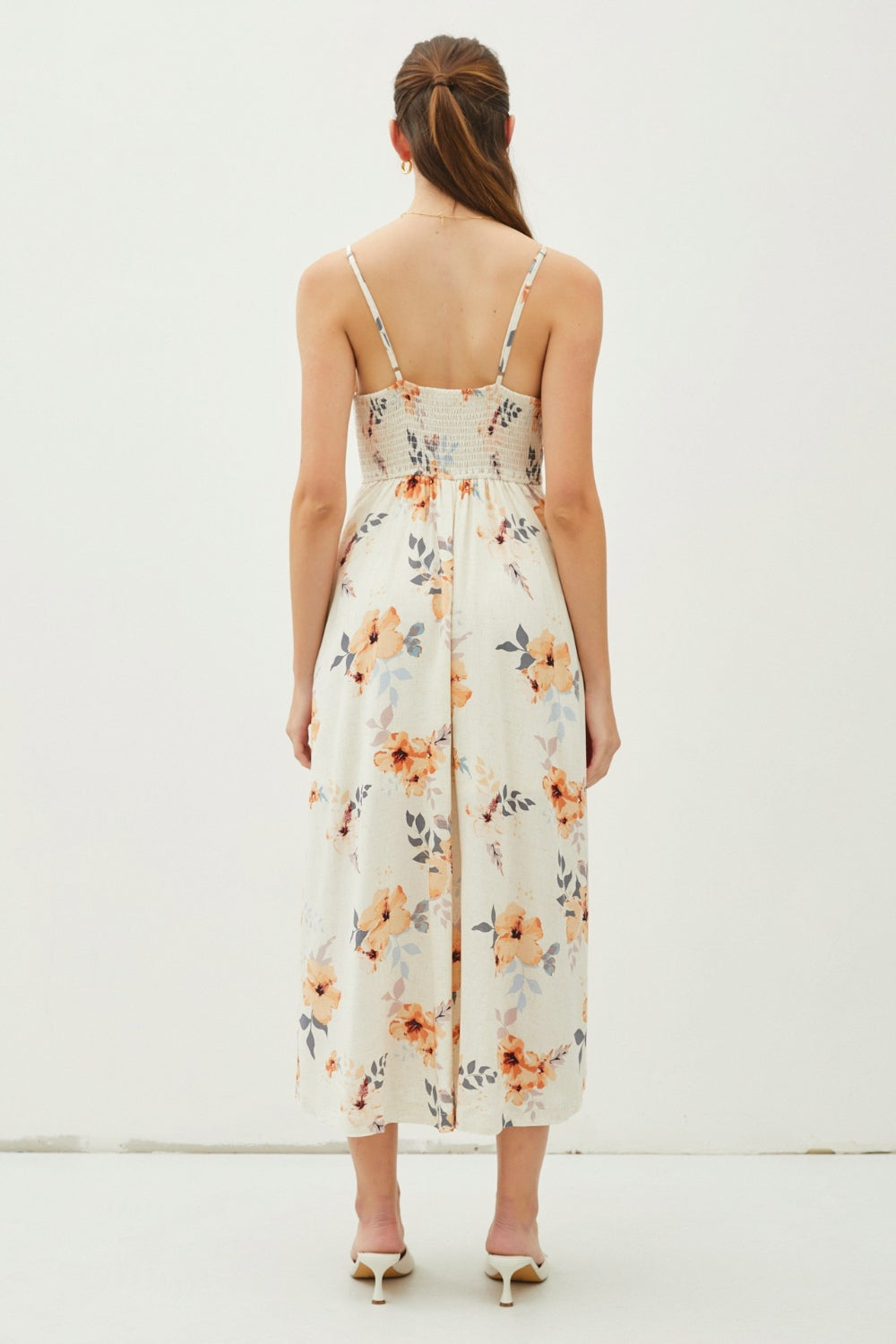 Be Cool Floral Peach Hibiscus Button Down Cami Midi Dress