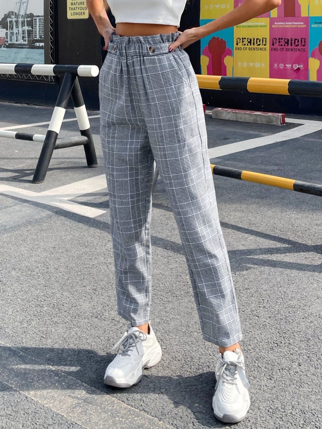 Plaid Elastic Waist Straight Pants