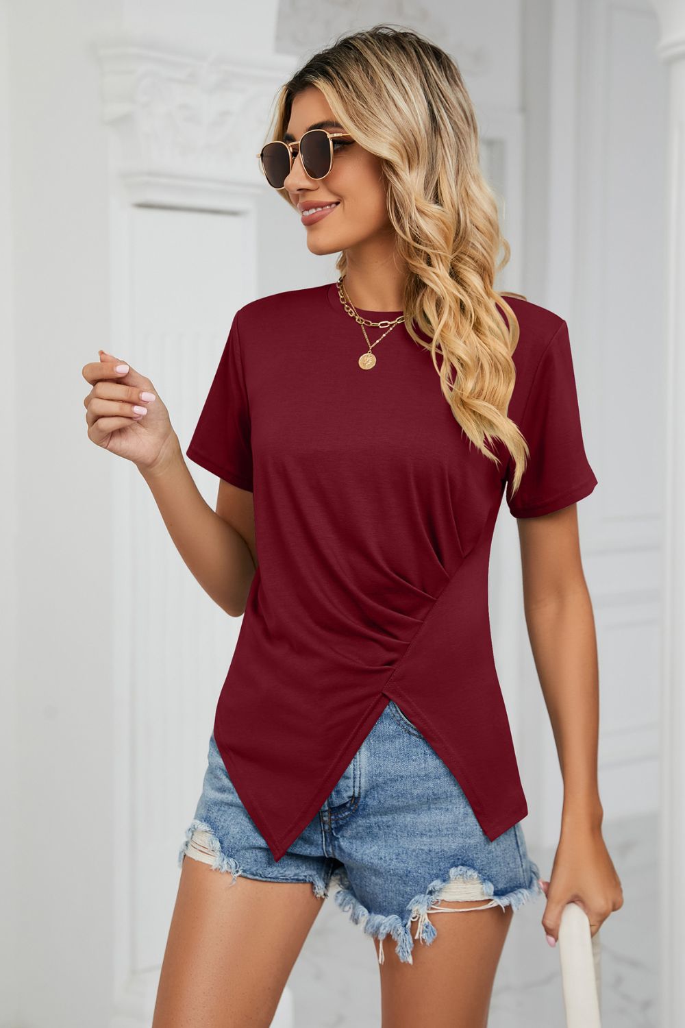 Ruched Hem Detail Crewneck T-Shirt