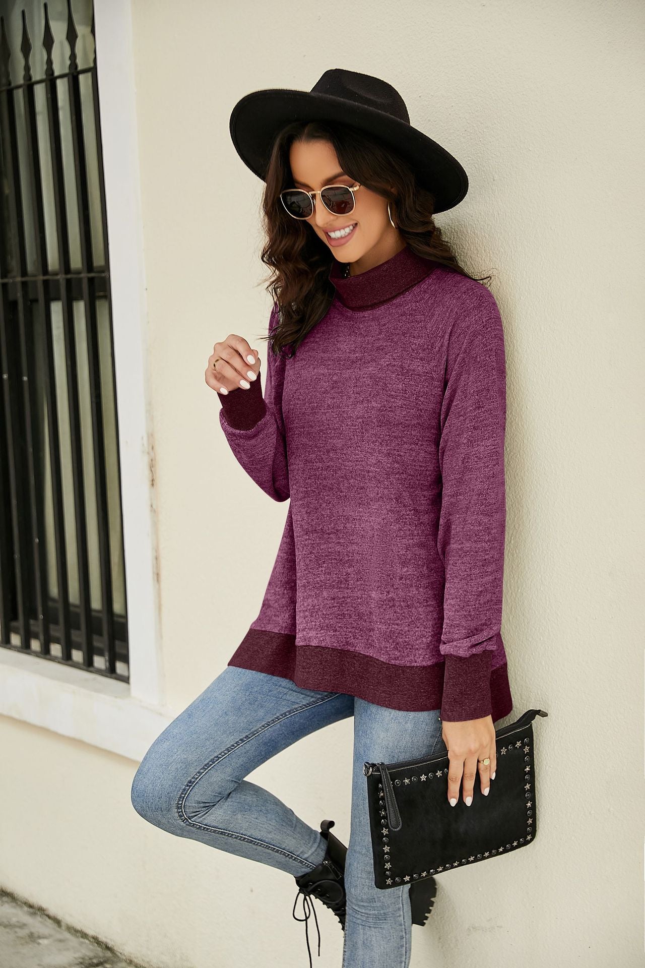 Heathered Slit High-Low Long Sleeve Top