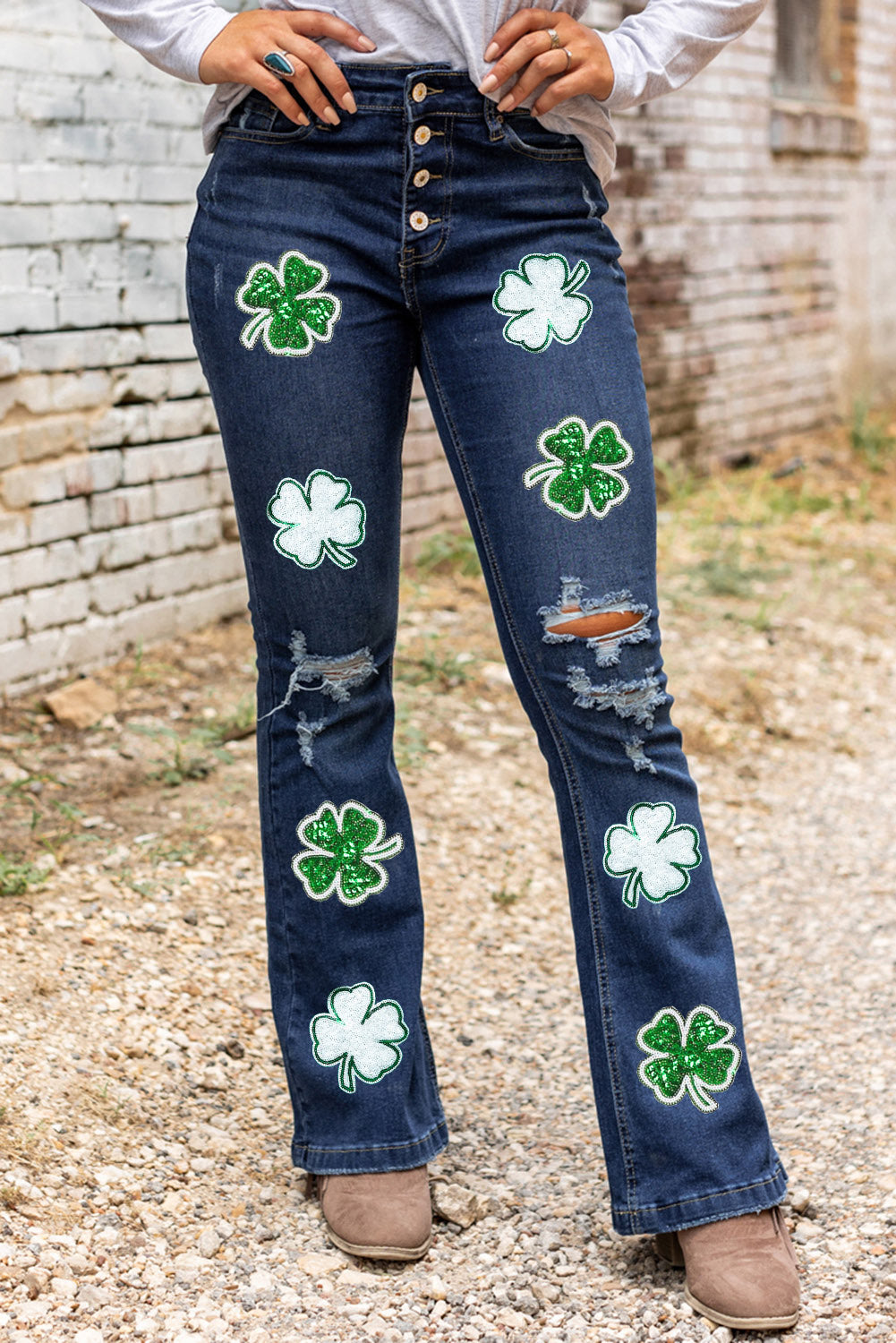 BeautifulBea Distressed Lucky Clover Sequin Jeans