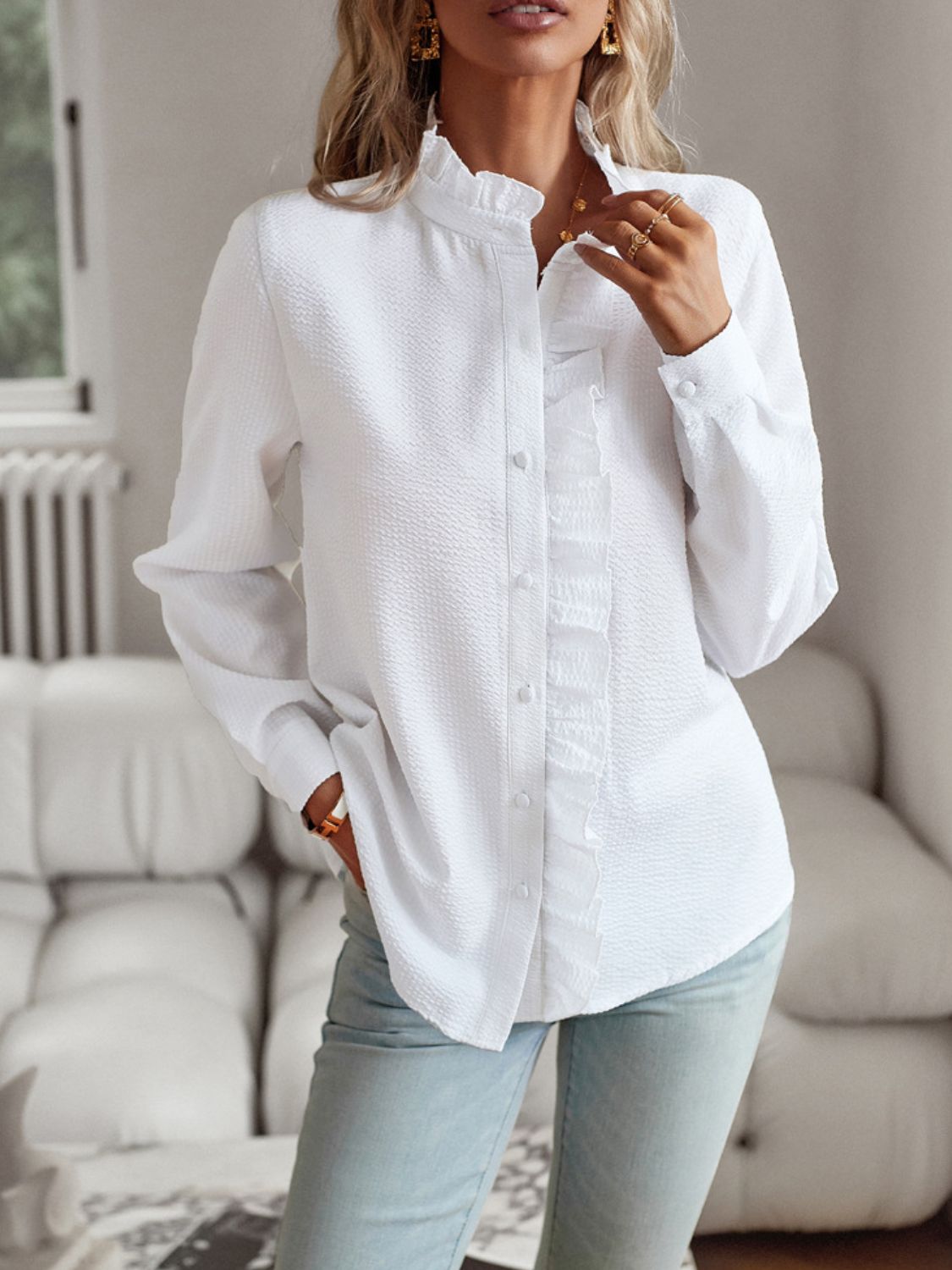 Devine Ruffle Trim Long Sleeve Shirt