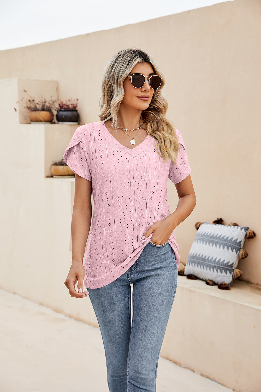 Eyelet Petal Sleeve V-Neck Knit Top