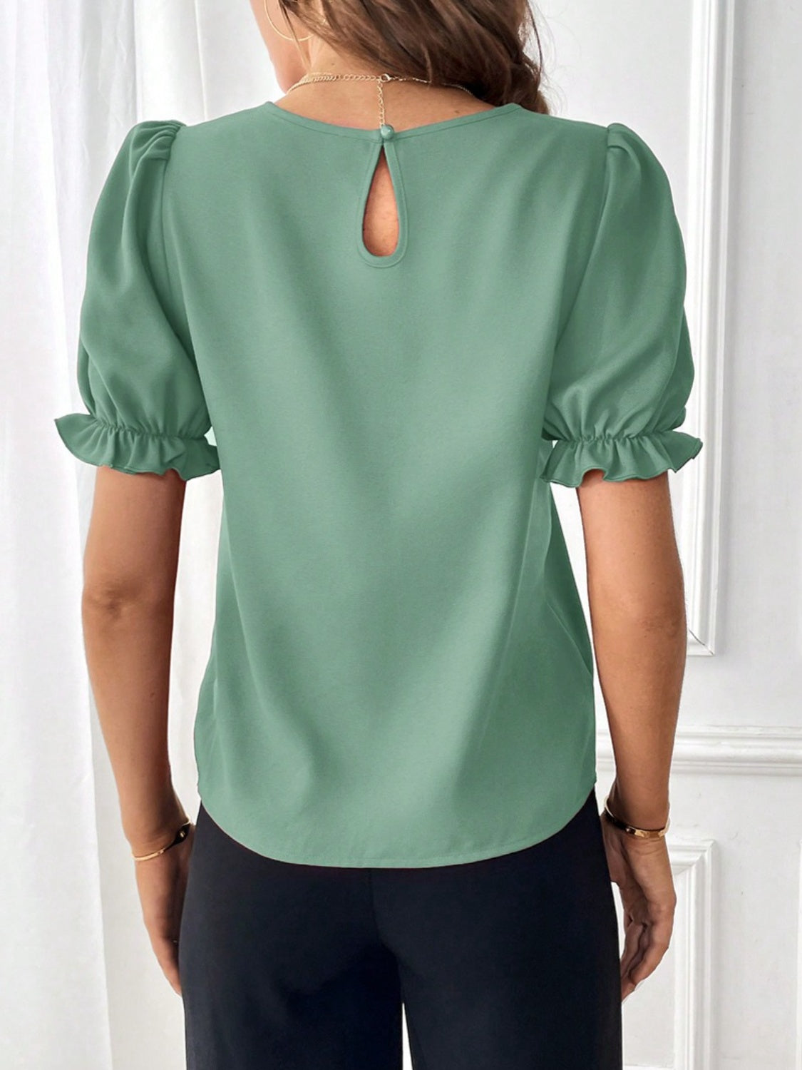 Round Neck Flounce Sleeve Blouse