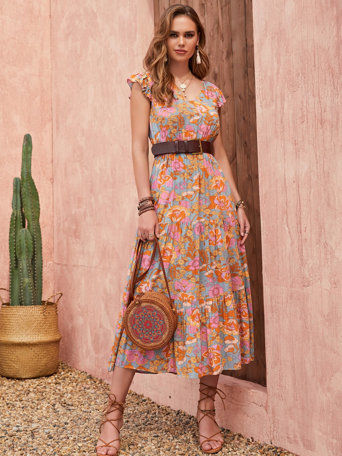 Ruffled Printed V-Neck Cap Sleeve Tiered Dress