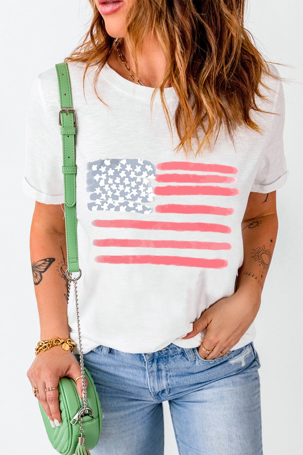 Full Size US Flag Round Neck Short Sleeve T-Shirt