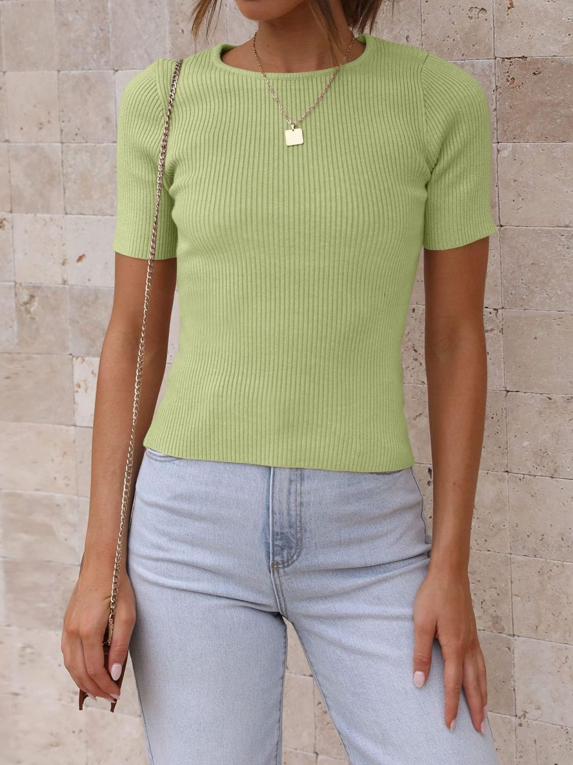 Mandy Ribbed Round Neck Short Sleeve Knit Top