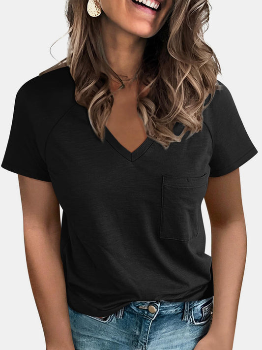 Full Size Pocketed V-Neck Short Sleeve T-Shirt