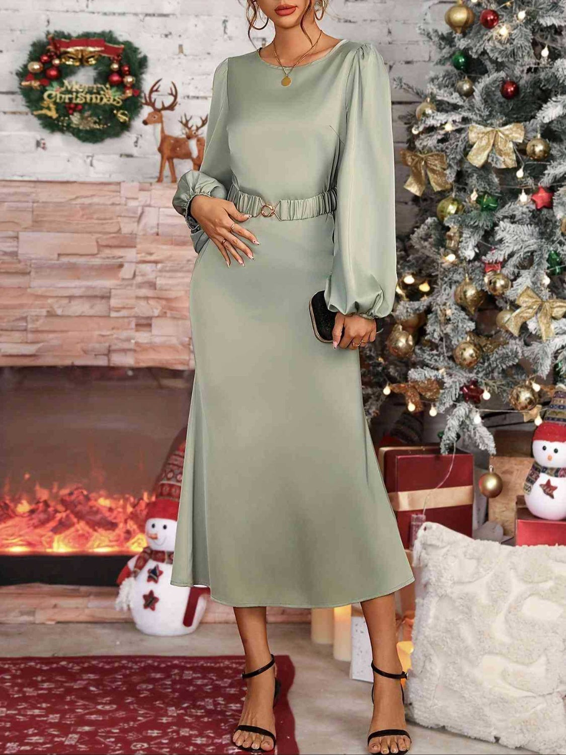 Round Neck Balloon Sleeve Midi Dress