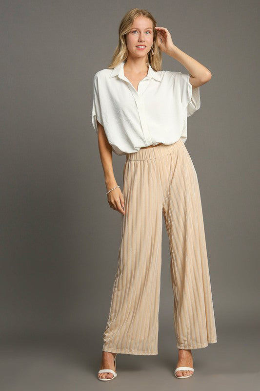 Umgee Elastic Waist Striped Wide Leg Velvet Pants