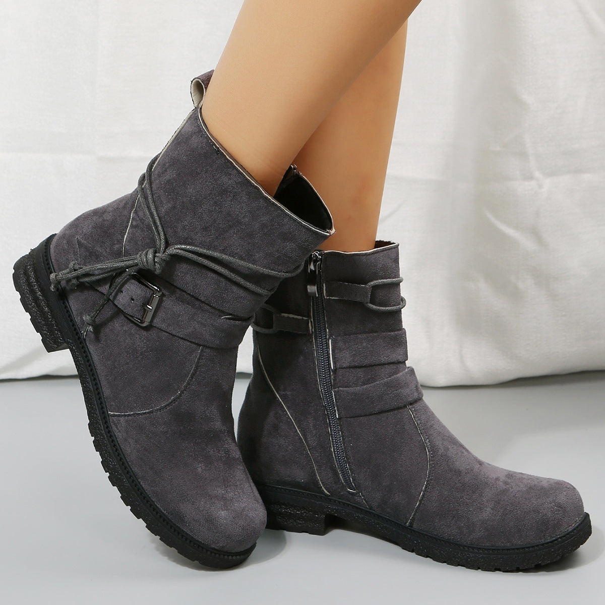 Suede Side Zip Round Toe Boots