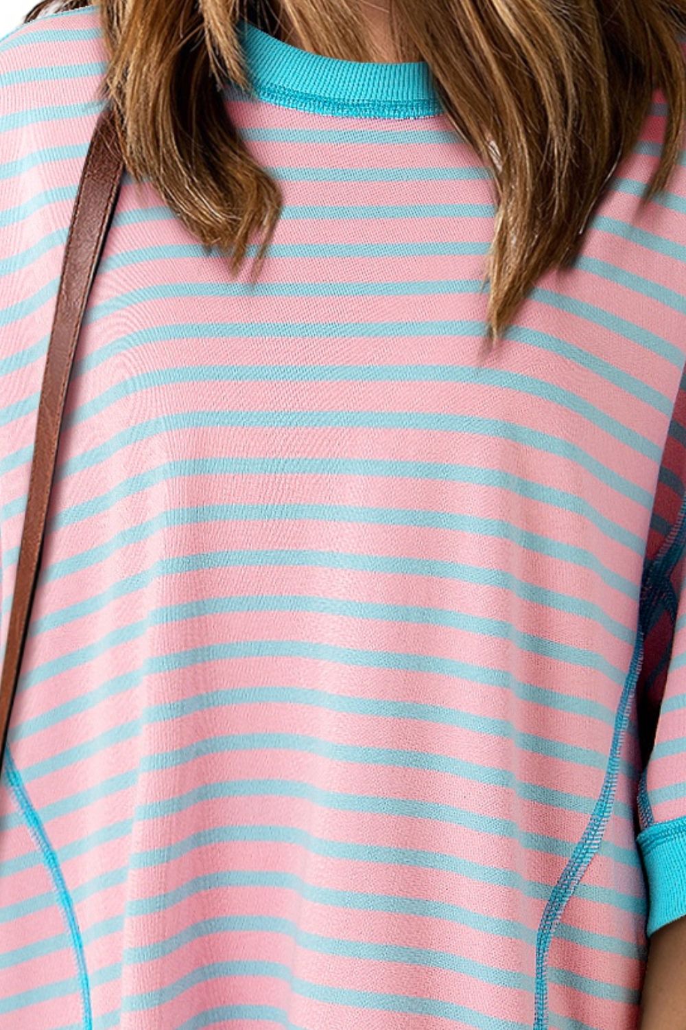 Full Size Striped Round Neck Half Sleeve Blush Pink T-Shirt