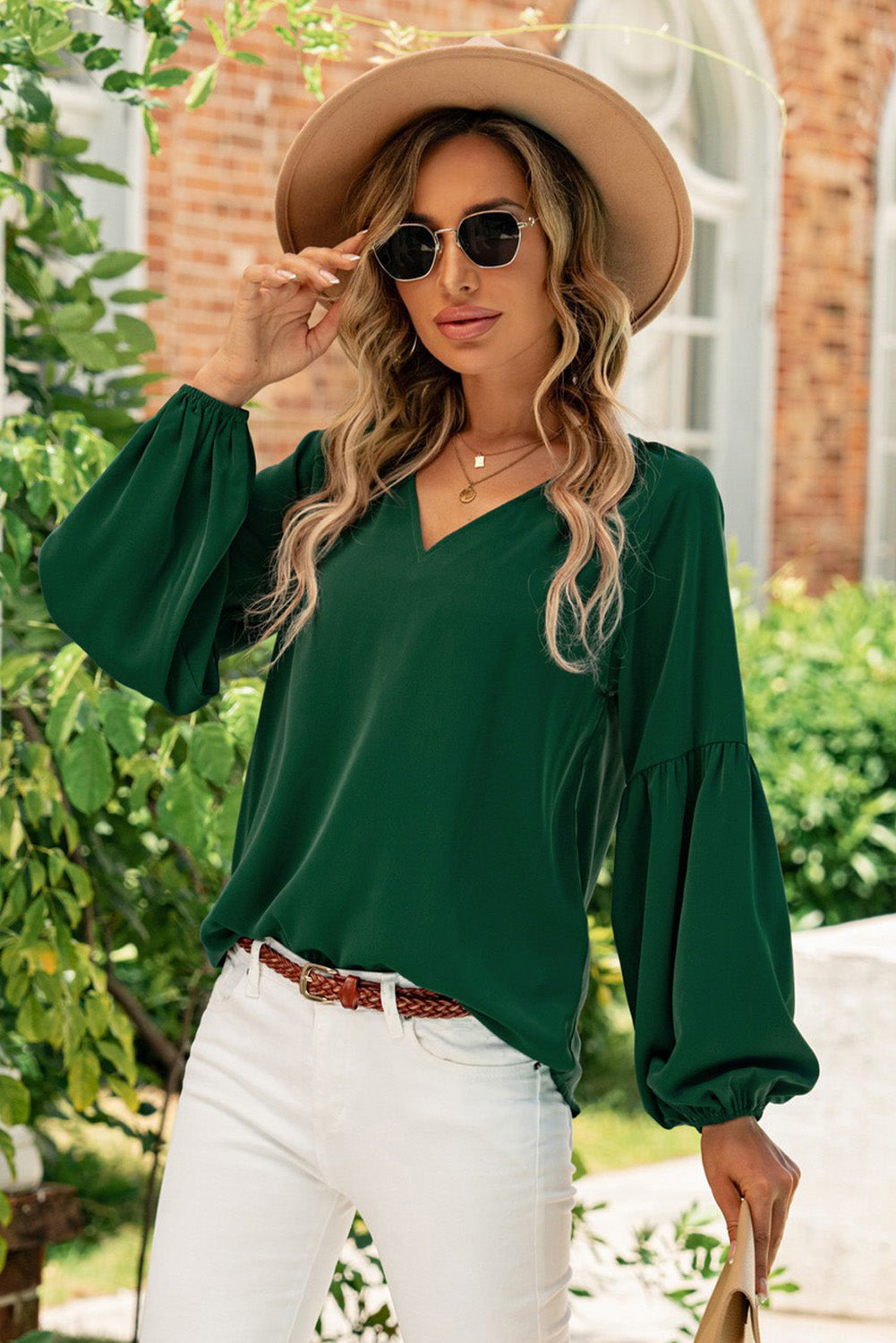 Ruched Notched Balloon Sleeve Blouse