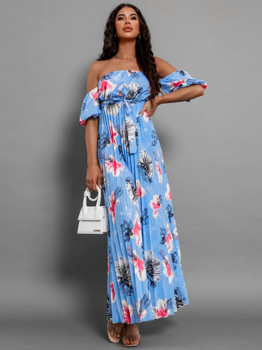 Full Size Pleated Floral Off-Shoulder Short Sleeve Midi Dress