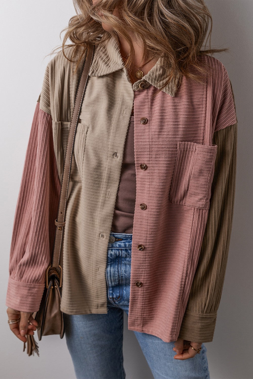 Dusty Pink Button Up Color Block  Long Sleeve Shacket