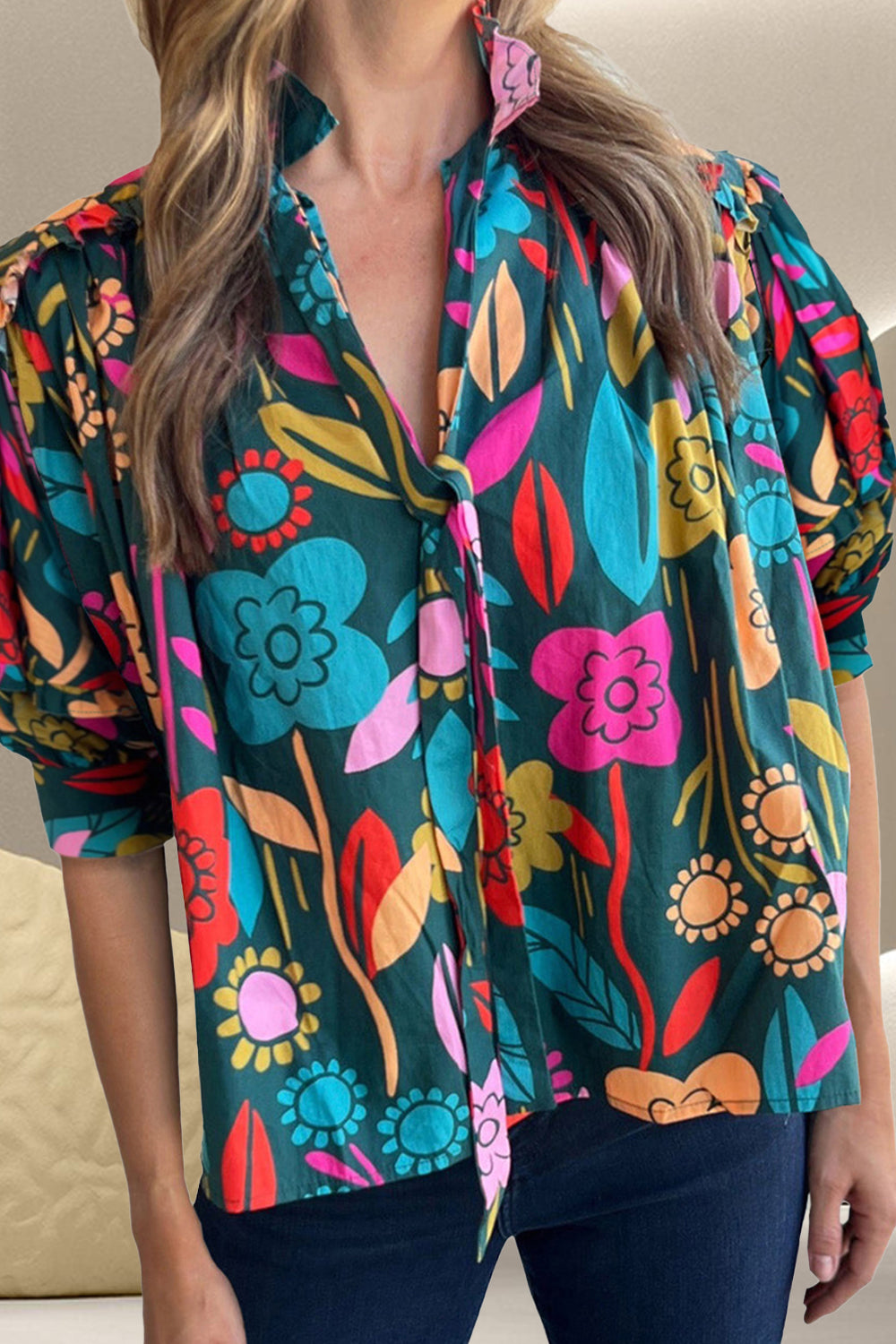 Full Size Printed Tie Neck Half Sleeve Blouse