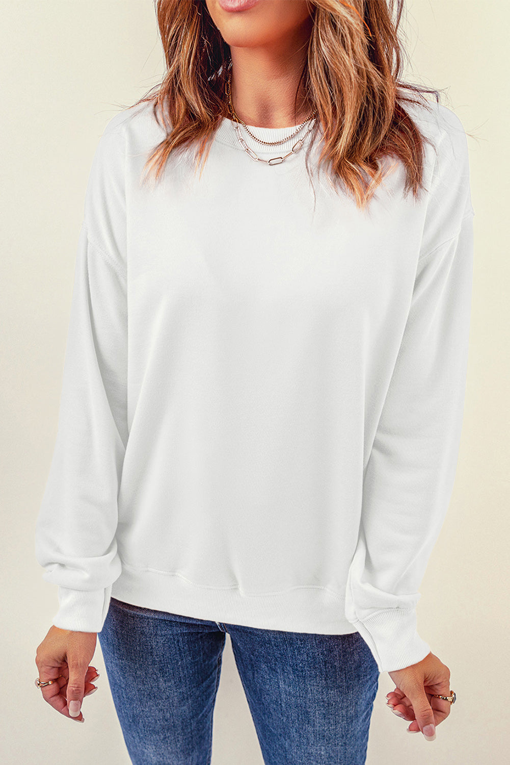 White Round Neck Dropped Shoulder Sweatshirt