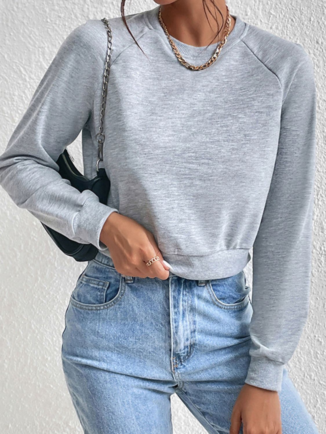 Perfee Raglan Sleeve Round Neck Cropped Sweatshirt