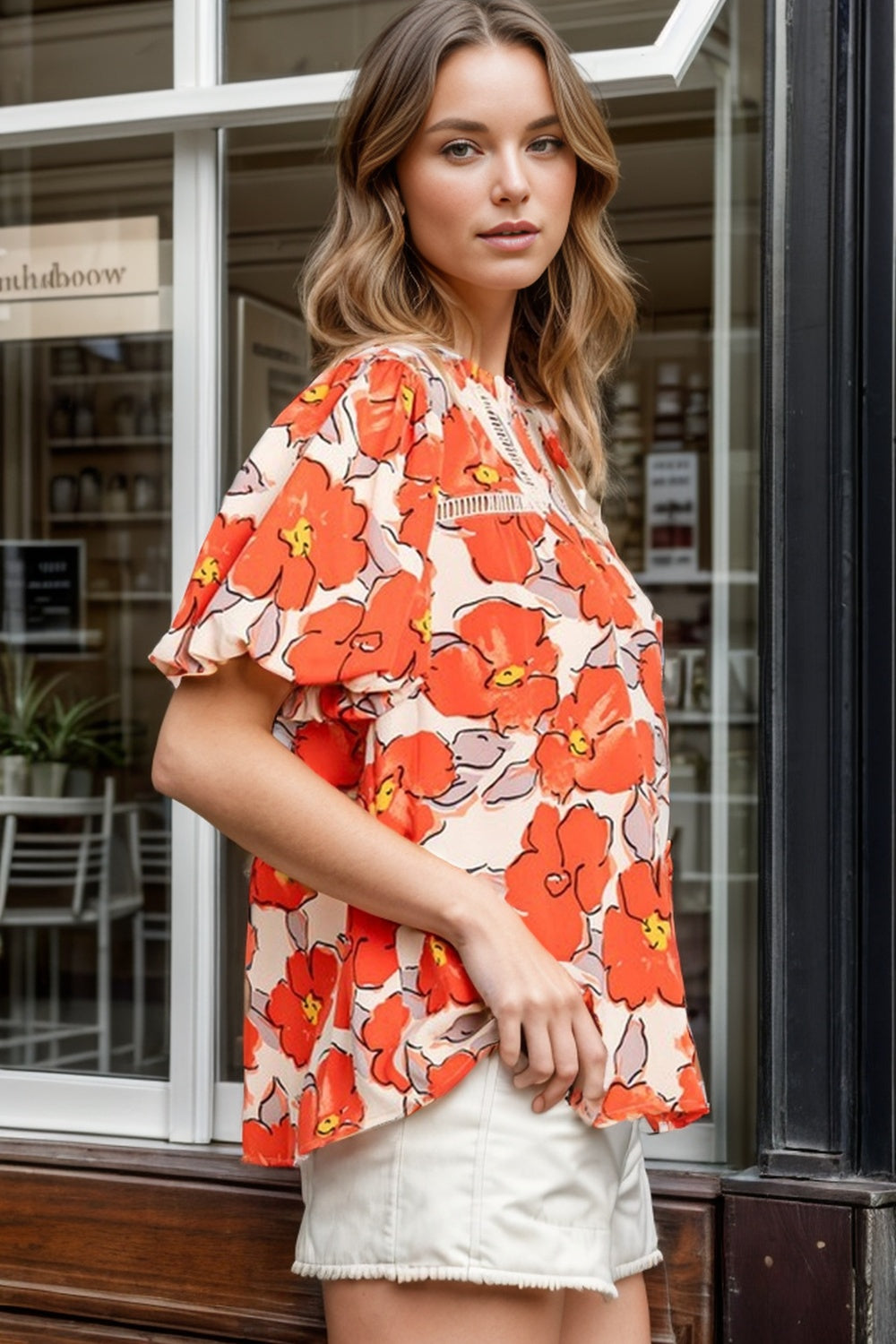 Full Size Printed Round Neck Caramel Short Sleeve Blouse