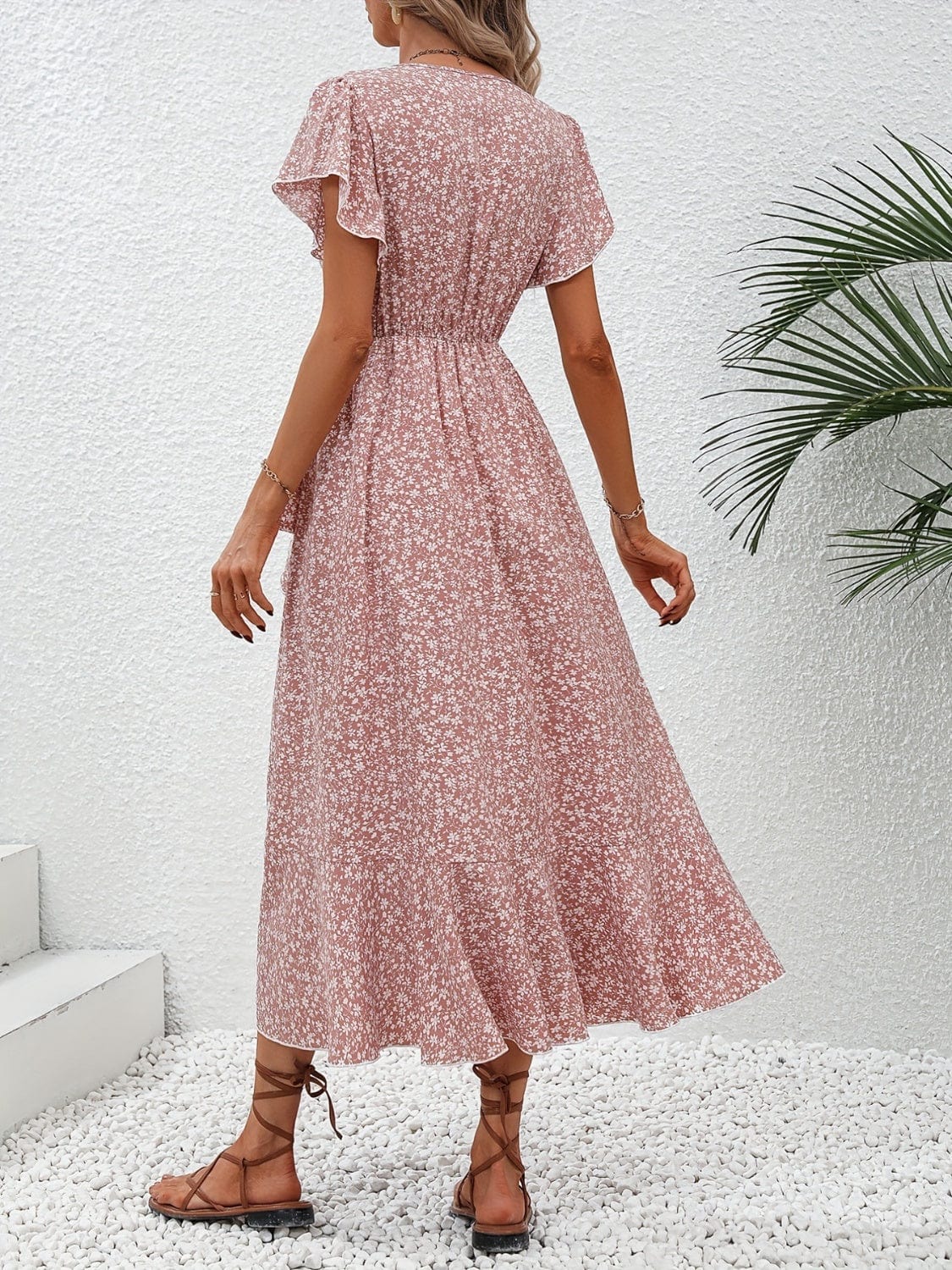 Full Size Printed Surplice Flutter Sleeve Midi Dress