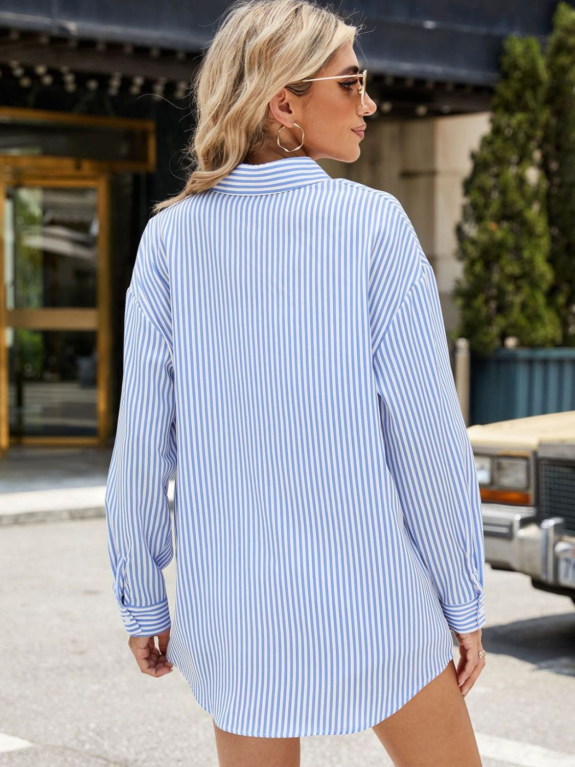 Full Size Pocketed Striped Collared Neck Long Sleeve Shirt