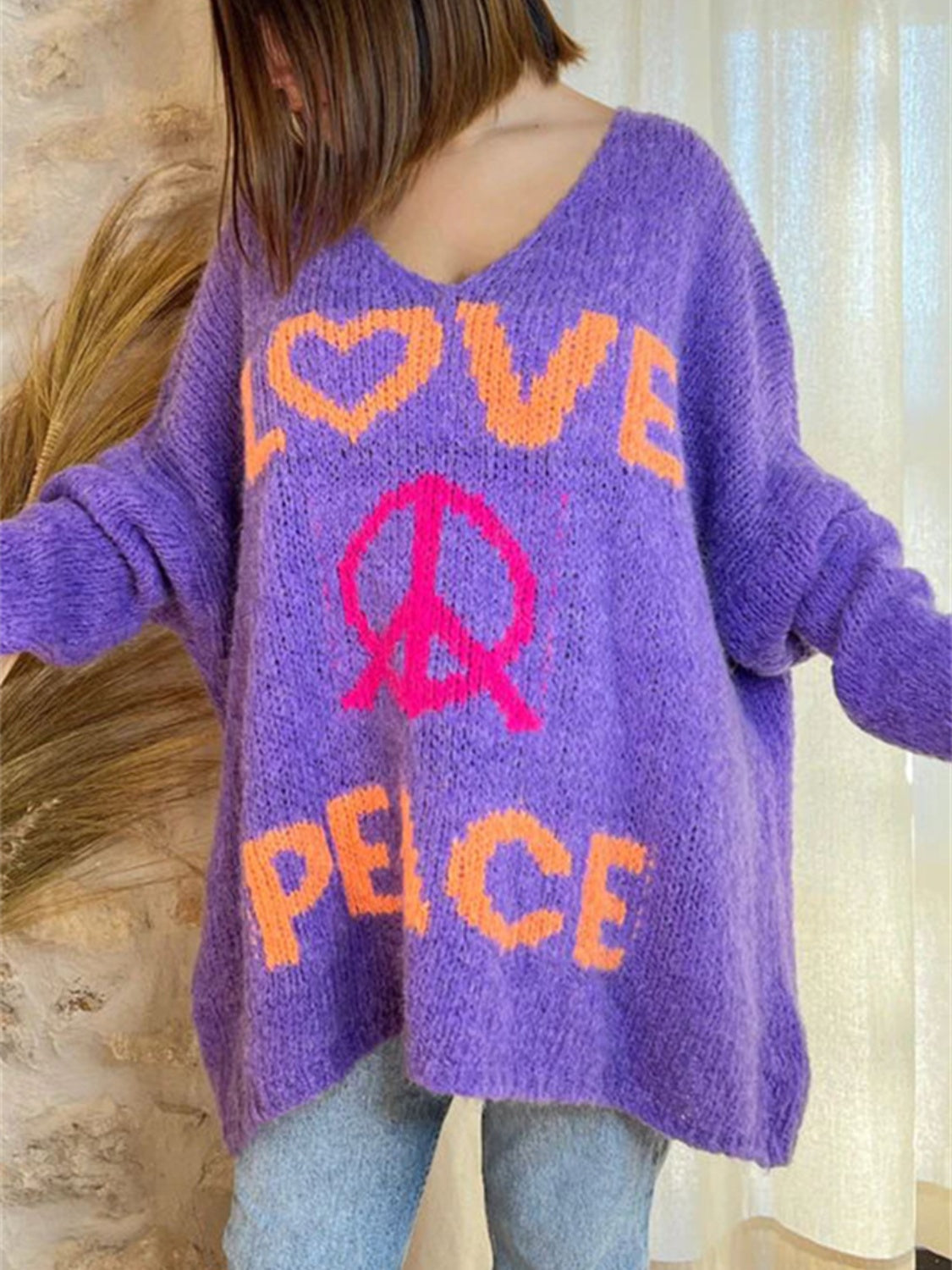 Peace Graphic V-Neck Long Sleeve Sweater