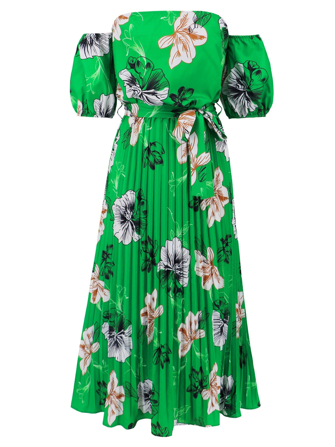 Full Size Pleated Floral Off-Shoulder Short Sleeve Midi Dress