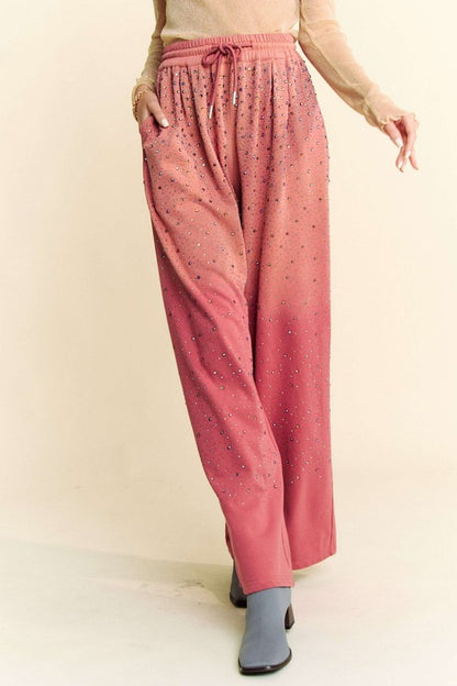 Davi & Dani Rhinestone Drawstring Wide Leg Pants