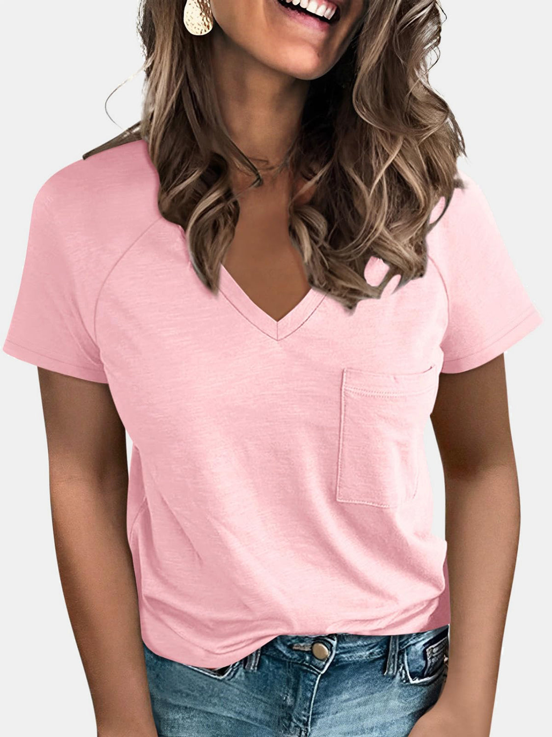 Full Size Pocketed V-Neck Short Sleeve T-Shirt