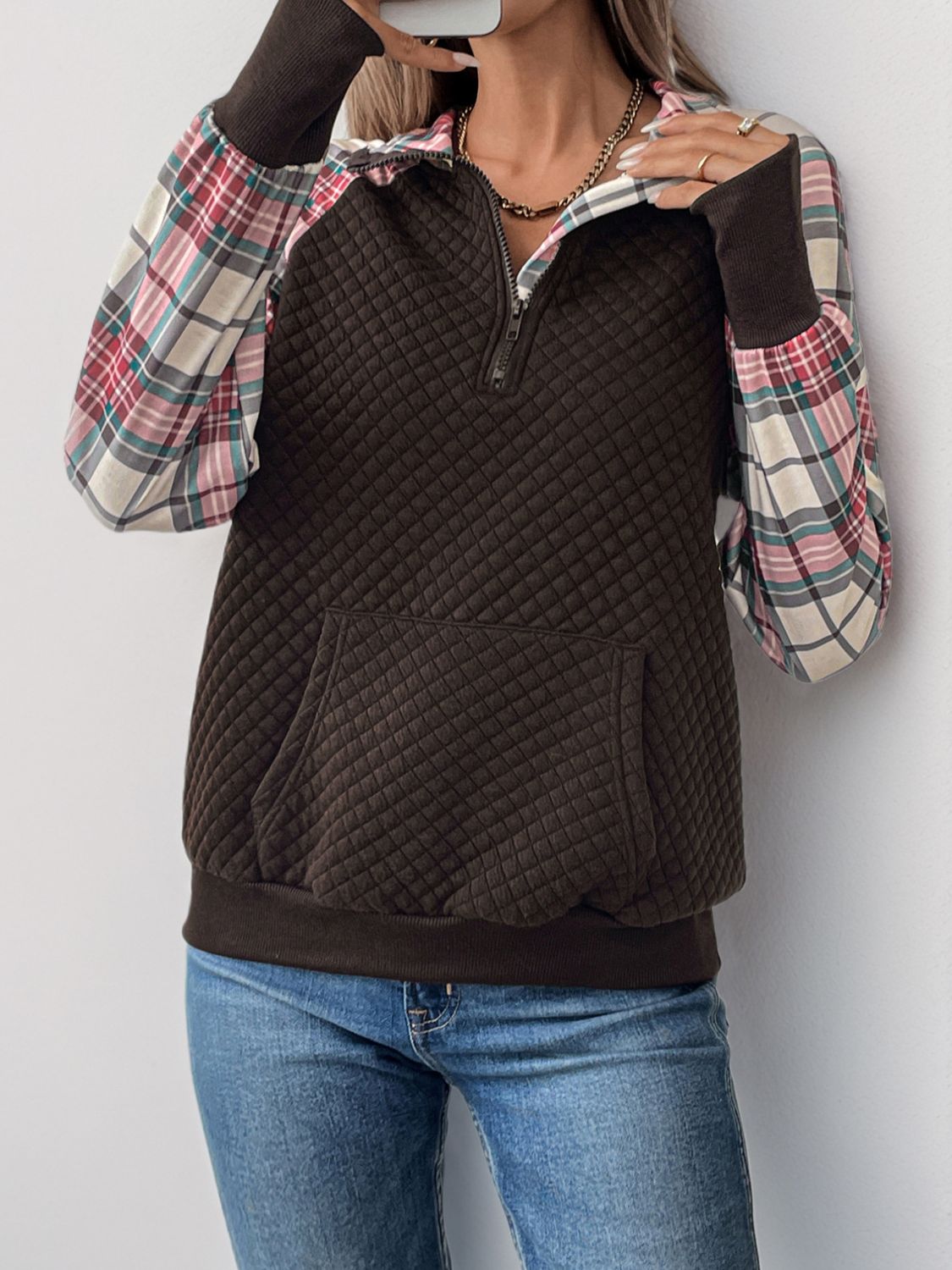 Perfee Plaid Half Zip Long Sleeve Sweatshirt