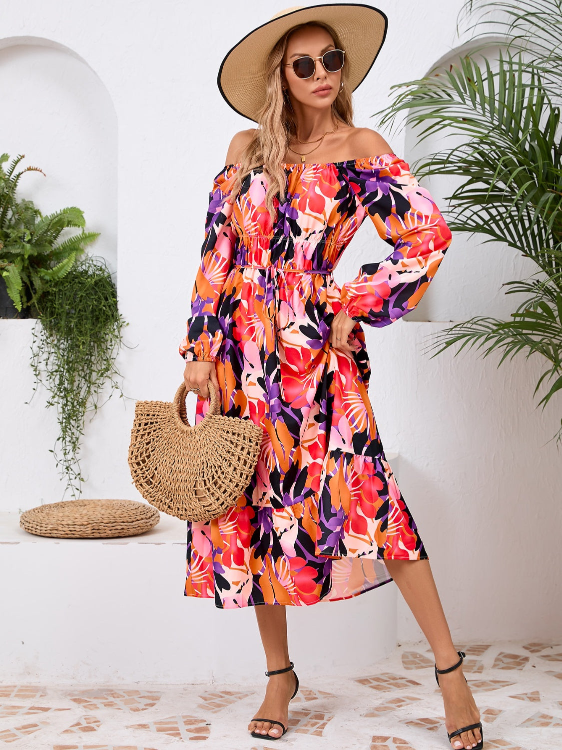 Full Size Printed Long Sleeve Midi Dress