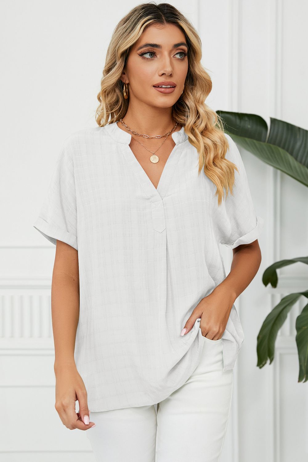 Full Size Side Slit Notched Neck Cuffed Short Sleeve Blouse