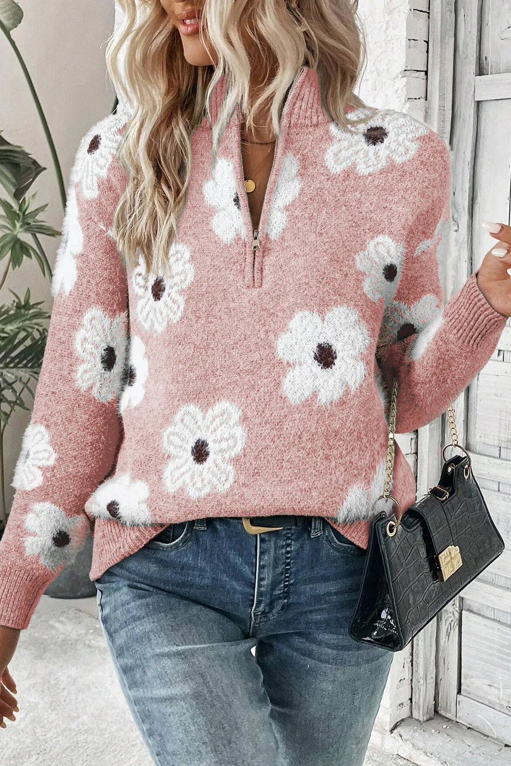 Full Size Flower Half Zip Long Sleeve Sweater