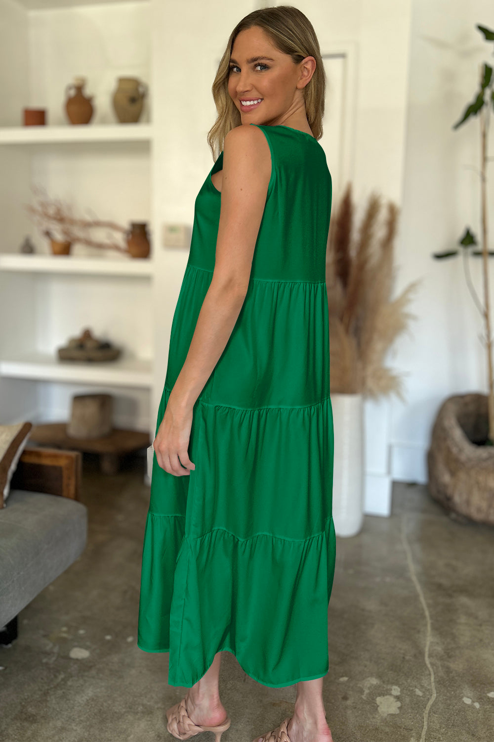 V-Neck Sleeveless Midi Tiered Dress