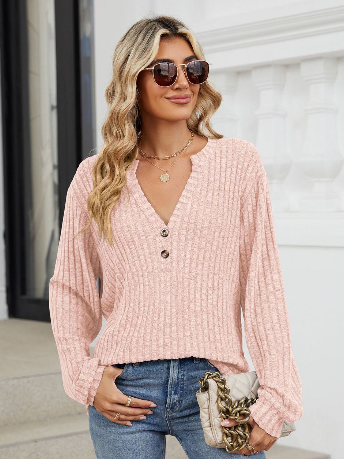 Ribbed Notched Long Sleeve T-Shirt