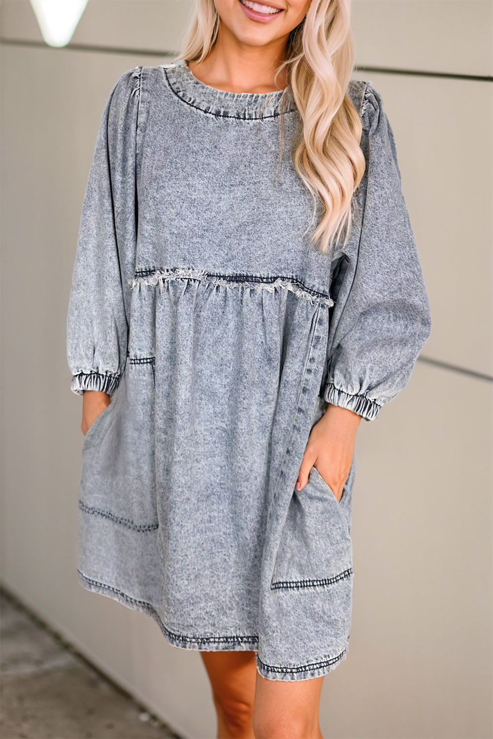 Round Neck Long Sleeve Denim Dress