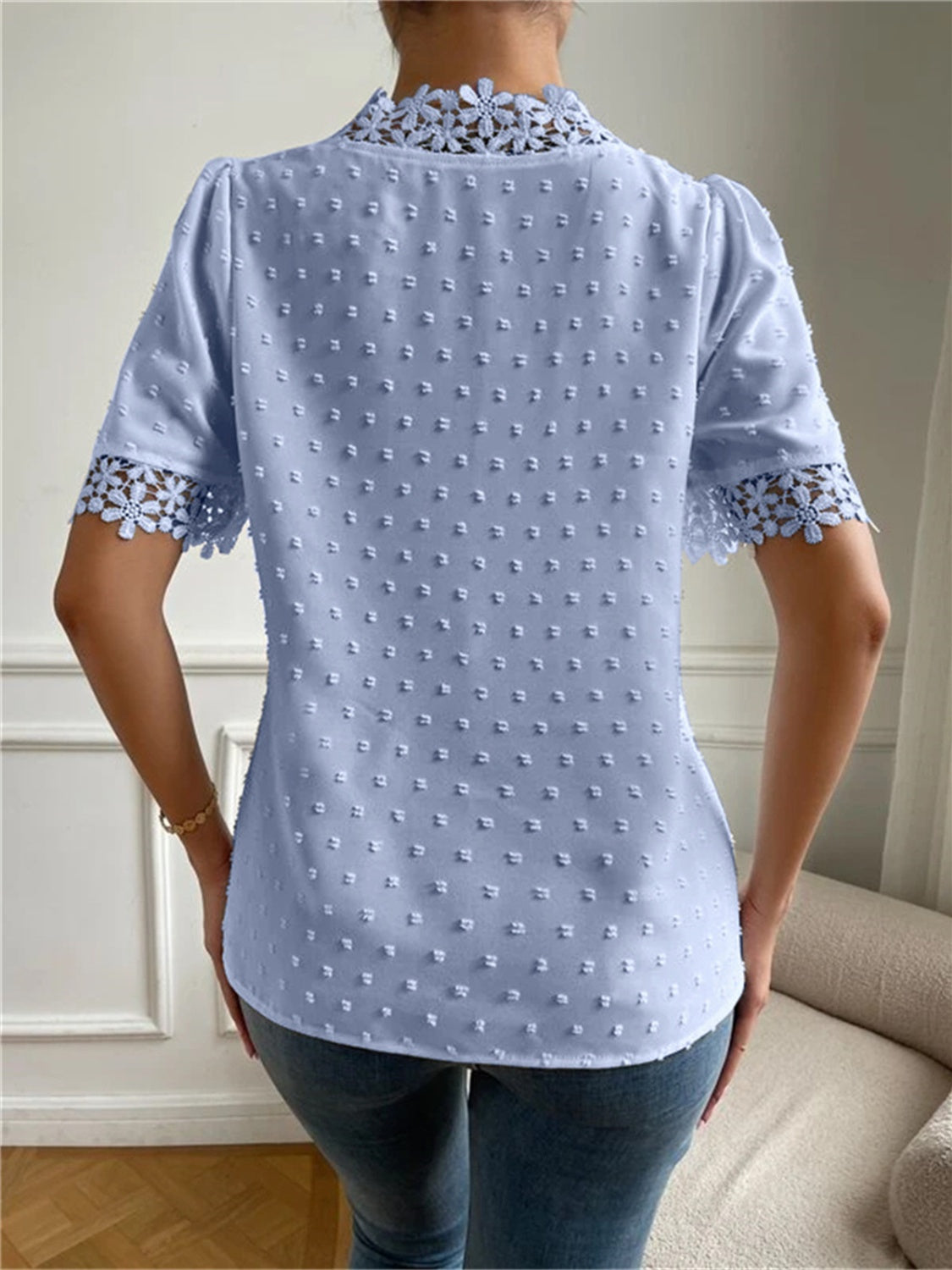 Swiss Dot V-Neck Short Sleeve Blouse