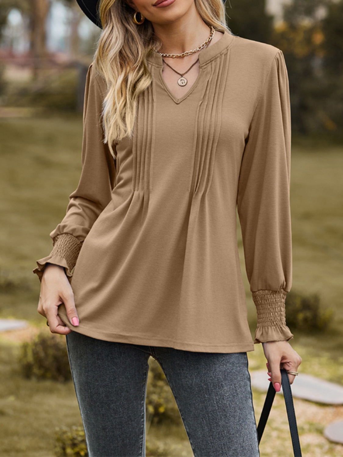 Ruched Notched Long Sleeve T-Shirt