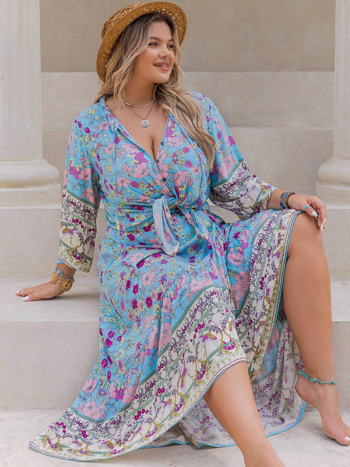 Plus Size Printed Light Blue Tie Neck Top and Skirt Set