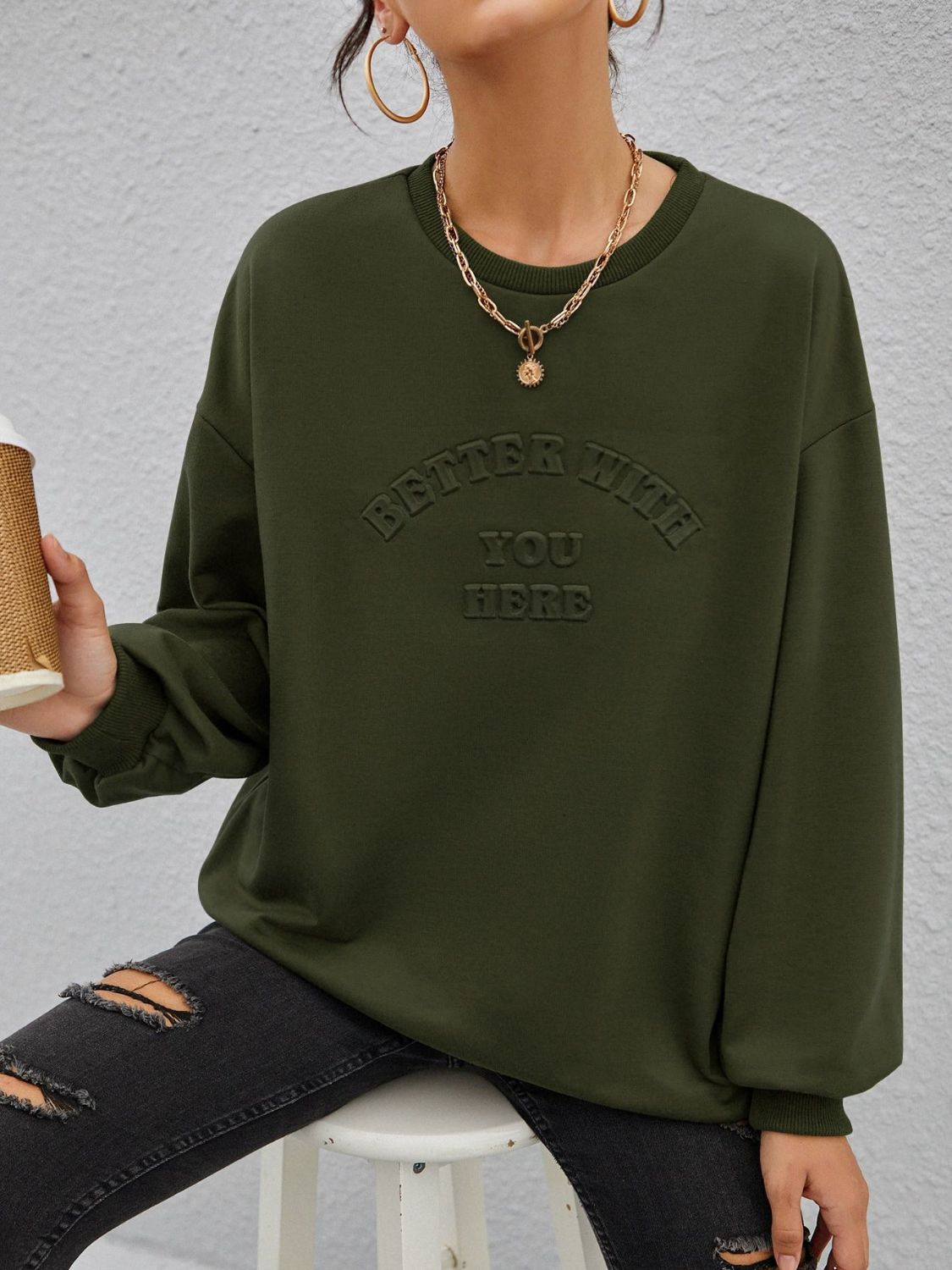 Stereoscopic Letter Round Neck Long Sleeve Sweatshirt