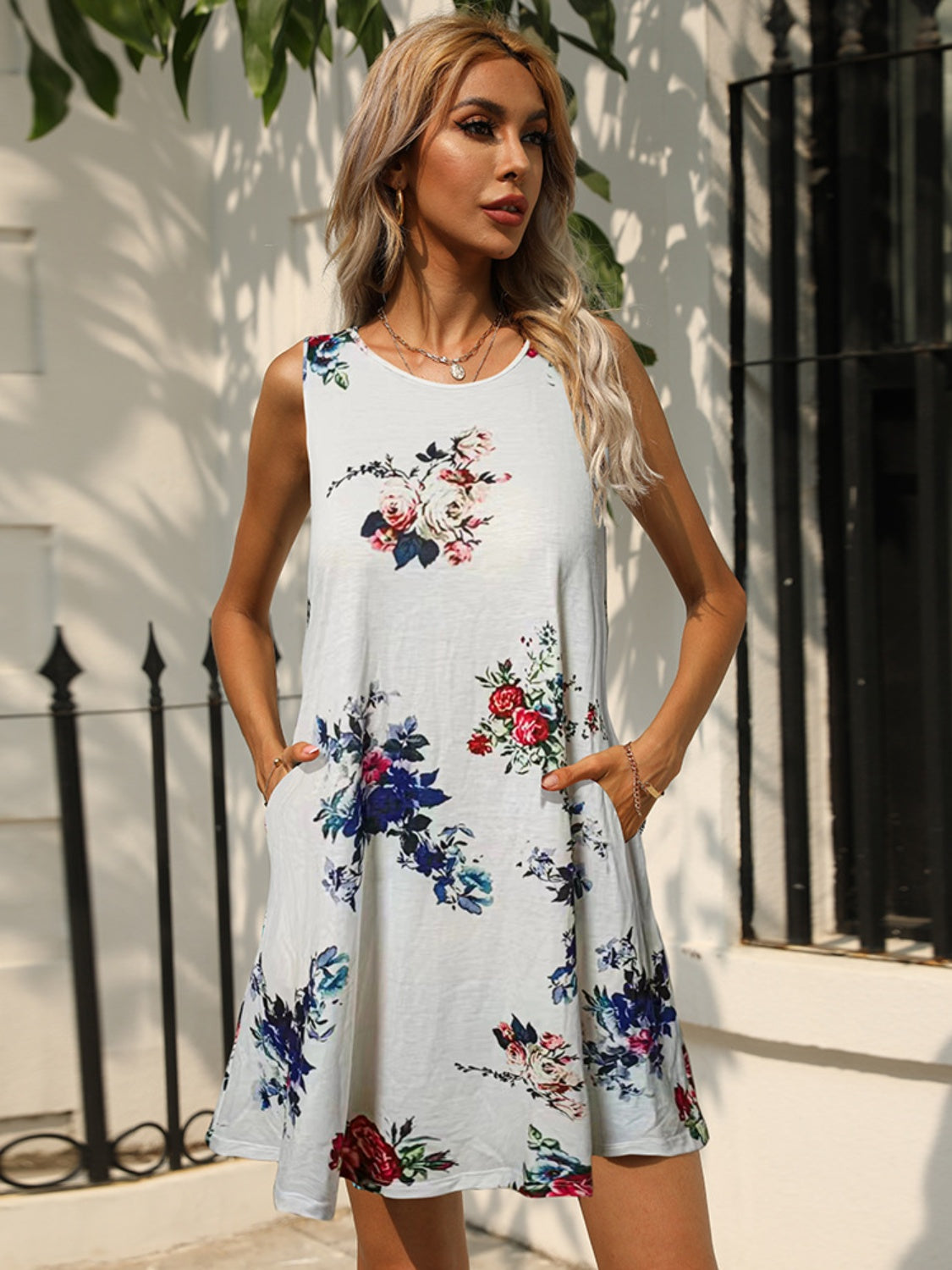 FULL SIZE Printed Round Neck Sleeveless Dress with Pockets